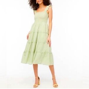 J. Crew Light Green Tiered Midi Dress with Ruffle Straps 100% Cotton